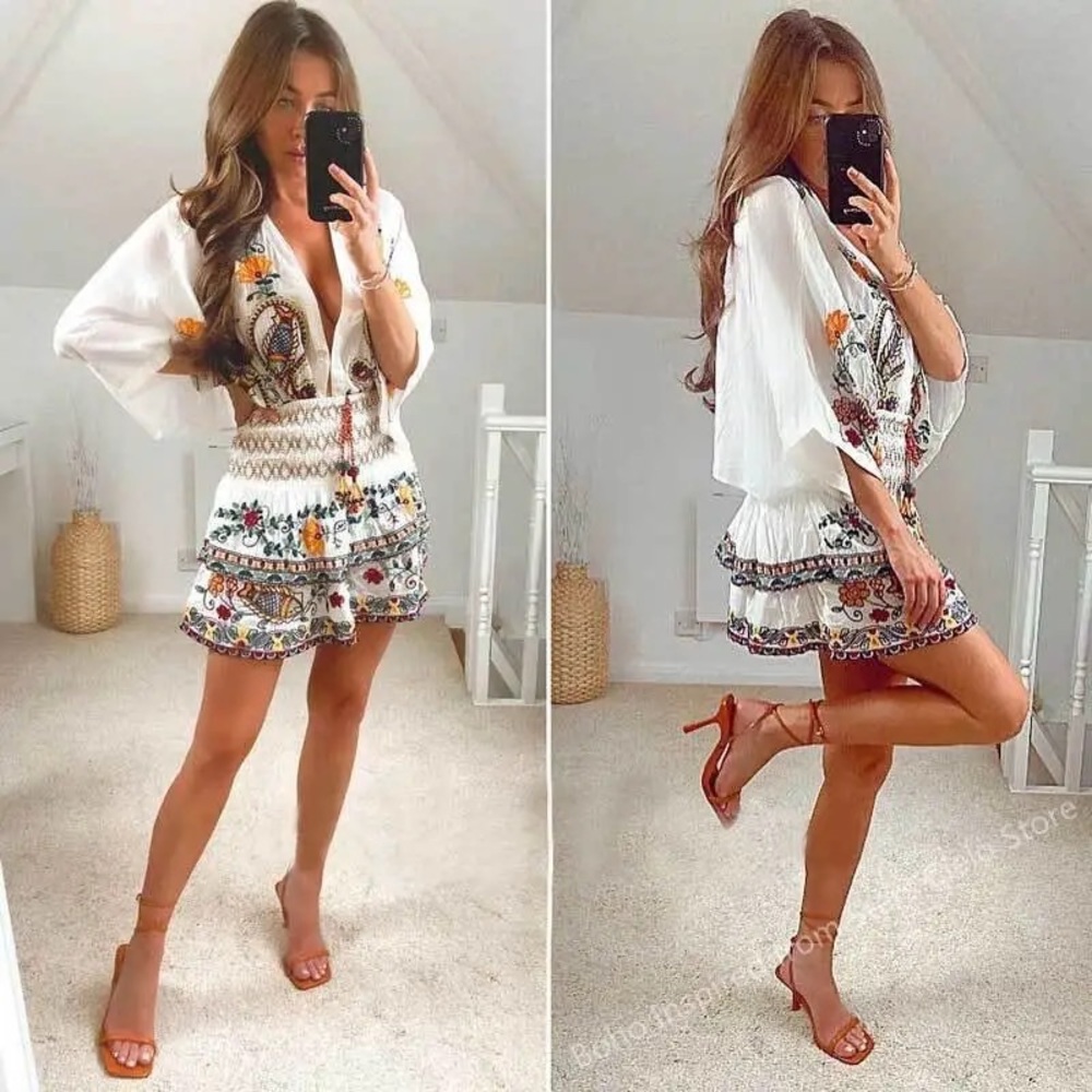 🌸Boho Summer Embroidered Flared Kimono 2 Piece Shirt & Skirt Set - Picture 11 of 11